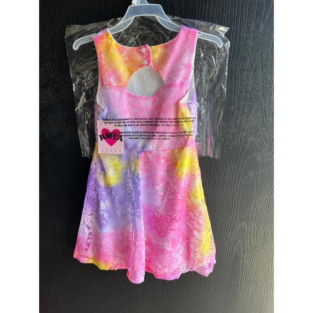 Girls Tie Dye Easter Dress Lace Pink Yellow Purple Lace Over The Skirt 8-12 - Picture 2 of 9